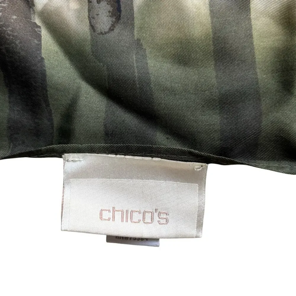 Chico’s silk scarf wrap shawl khaki green & white mod abstract stripes fringe